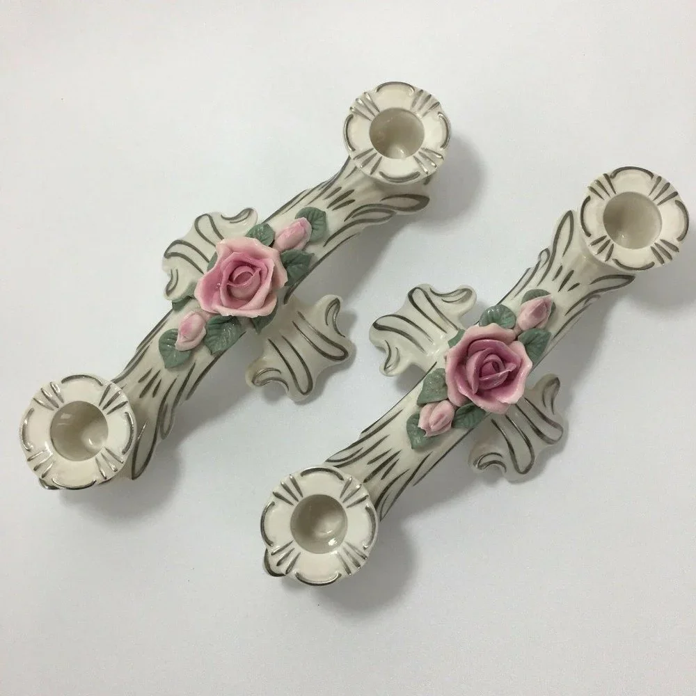 Set‎ of 2 DRESDEN Candle Holders Double Arm Pink